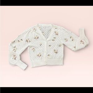 DRIFTWOOD White Floral Embroidered Pointelle Knit Cardigan Sweater Size Small